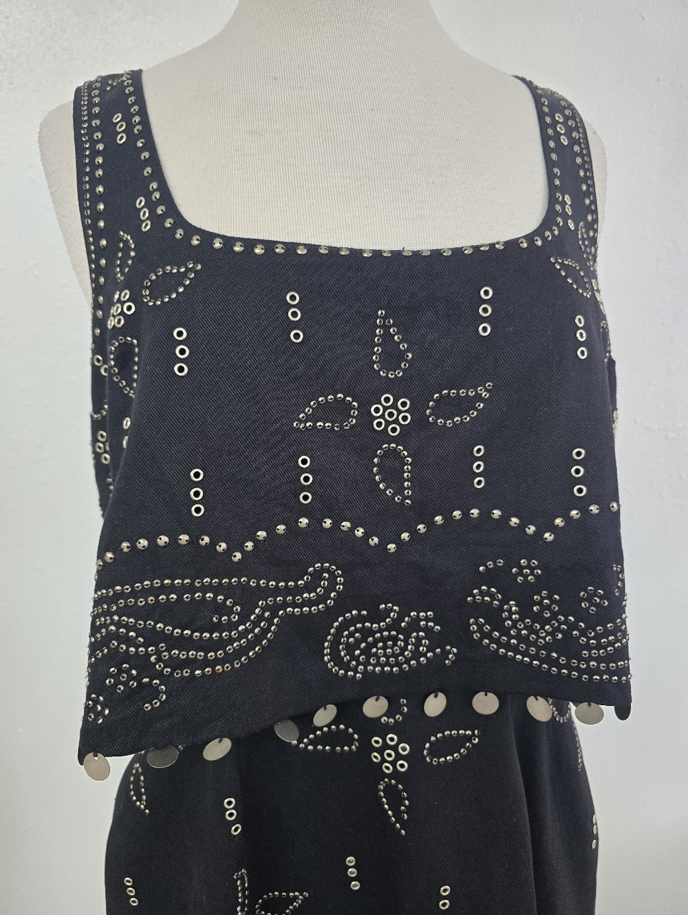 FREE PEOPLE Seven Wishes Black Cotton Pewter Riveted Mini Dress NWOT Womens Sz L - Picture 3 of 11